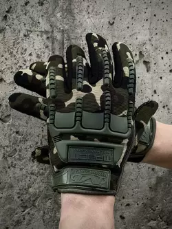 Тактичні рукавички M-pact темно-зелений камуфляж із зеленими накладками Тактичні рукавички M-pact темно-зелений камуфляж із зеленими накладками