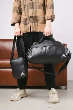 Комплект Сумка груша шкірзам + барсетка шкірзам, Adidas чорний (білі лого) Комплект Сумка груша шкірзам + барсетка шкірзам, Adidas чорний (білі лого)