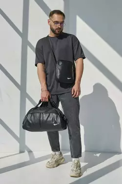 Комплект Сумка груша шкірзам + барсетка шкірзам, Nike чорний (білі лого) Комплект Сумка груша шкірзам + барсетка шкірзам, Nike чорний (білі лого)