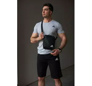 Комплект чоловічий Adidas: футболка сіра + шорти чорні + барсетка чорна Комплект чоловічий Adidas: футболка сіра + шорти чорні + барсетка чорна
