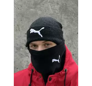 Комплект чоловічий: шапка з додаванням вовни Puma темно-сірий меланж + баф флісовий Puma чорний + рукавички флісові чорні Комплект чоловічий: шапка з додаванням вовни Puma темно-сірий меланж + баф флісовий Puma чорний + рукавички флісові чорні