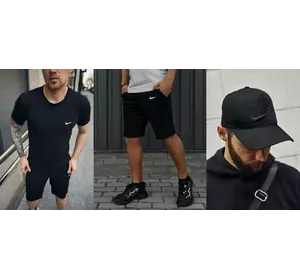 Комплект Nike футболка чорна + шорти + кепка Nike чорна / чорне лого і напис Комплект Nike футболка чорна + шорти + кепка Nike чорна / чорне лого і напис