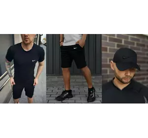Комплект Nike футболка чорна + шорти + кепка Nike чорна (чорне лого) Комплект Nike футболка чорна + шорти + кепка Nike чорна (чорне лого)