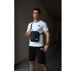 Комплект чоловічий Adidas: футболка біла + шорти чорні + барсетка чорна Комплект чоловічий Adidas: футболка біла + шорти чорні + барсетка чорна
