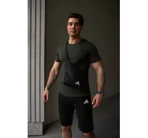 Комплект чоловічий Adidas: футболка хакі + шорти чорні + барсетка чорна Комплект чоловічий Adidas: футболка хакі + шорти чорні + барсетка чорна