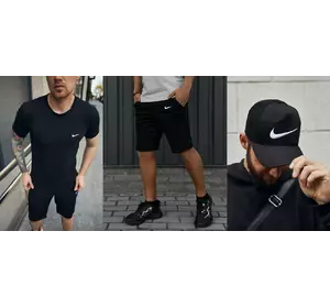 Комплект Nike футболка чорна + шорти + кепка Nike чорна з сіткою (біле лого) Комплект Nike футболка чорна + шорти + кепка Nike чорна з сіткою (біле лого)
