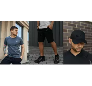 Комплект Nike футболка темно-сіра + шорти + кепка Nike чорна (чорне лого) Комплект Nike футболка темно-сіра + шорти + кепка Nike чорна (чорне лого)