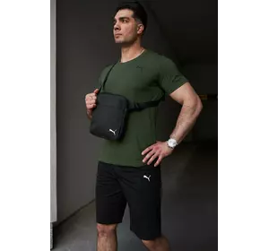 Комплект чоловічий Puma: футболка хакі + шорти чорні + барсетка чорна Комплект чоловічий Puma: футболка хакі + шорти чорні + барсетка чорна