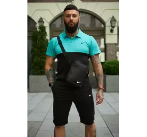 Комплект чоловічий Nike: поло бірюзово-чорне + шорти чорні + барсетка чорна Комплект чоловічий Nike: поло бірюзово-чорне + шорти чорні + барсетка чорна