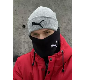 Комплект чоловічий: шапка з додаванням вовни Puma сірий меланж + баф флісовий Puma чорний + рукавички флісові чорні Комплект чоловічий: шапка з додаванням вовни Puma сірий меланж + баф флісовий Puma чорний + рукавички флісові чорні