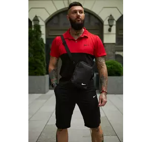 Комплект чоловічий Nike: поло червоно-чорне + шорти чорні + барсетка чорна Комплект чоловічий Nike: поло червоно-чорне + шорти чорні + барсетка чорна