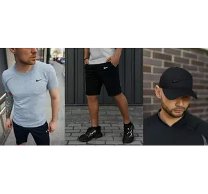 Комплект Nike футболка сіра + шорти + кепка Nike чорна (чорне лого) Комплект Nike футболка сіра + шорти + кепка Nike чорна (чорне лого)