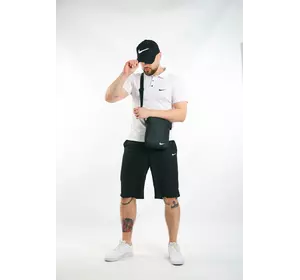 Комплект чоловічий Nike: поло біле + шорти чорні + барсетка чорна + кепка чорна Комплект чоловічий Nike: поло біле + шорти чорні + барсетка чорна + кепка чорна