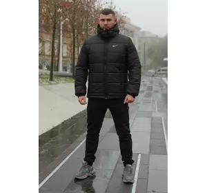 Комплект чоловічий Nike: куртка зимова "Frost" чорна + штани з тринитки утеплені чорні Комплект чоловічий Nike: куртка зимова "Frost" чорна + штани з тринитки утеплені чорні