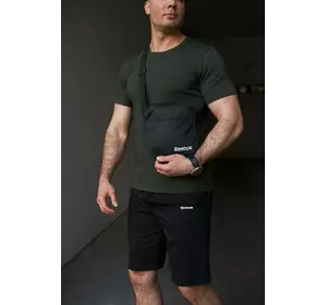 Комплект чоловічий Reebok: футболка хакі + шорти чорні + барсетка чорна Комплект чоловічий Reebok: футболка хакі + шорти чорні + барсетка чорна
