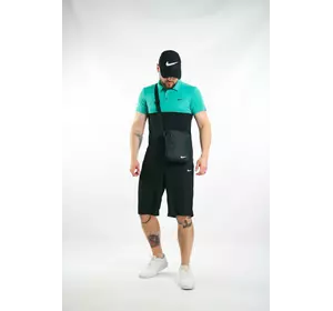 Комплект чоловічий Nike: поло бірюзово-чорне + шорти чорні + барсетка чорна + кепка чорна Комплект чоловічий Nike: поло бірюзово-чорне + шорти чорні + барсетка чорна + кепка чорна